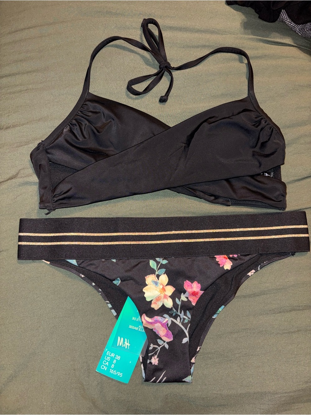 H&M Black Floral Bikini with Gold-Trim Band